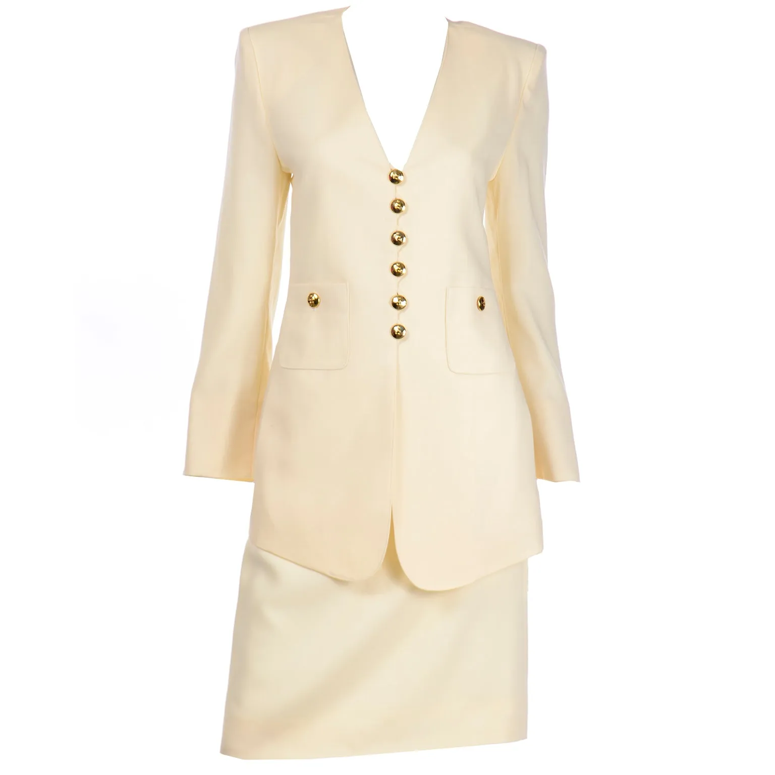 1990s Sonia Rykiel Cream Wool Skirt & Long Line Blazer Jacket Suit