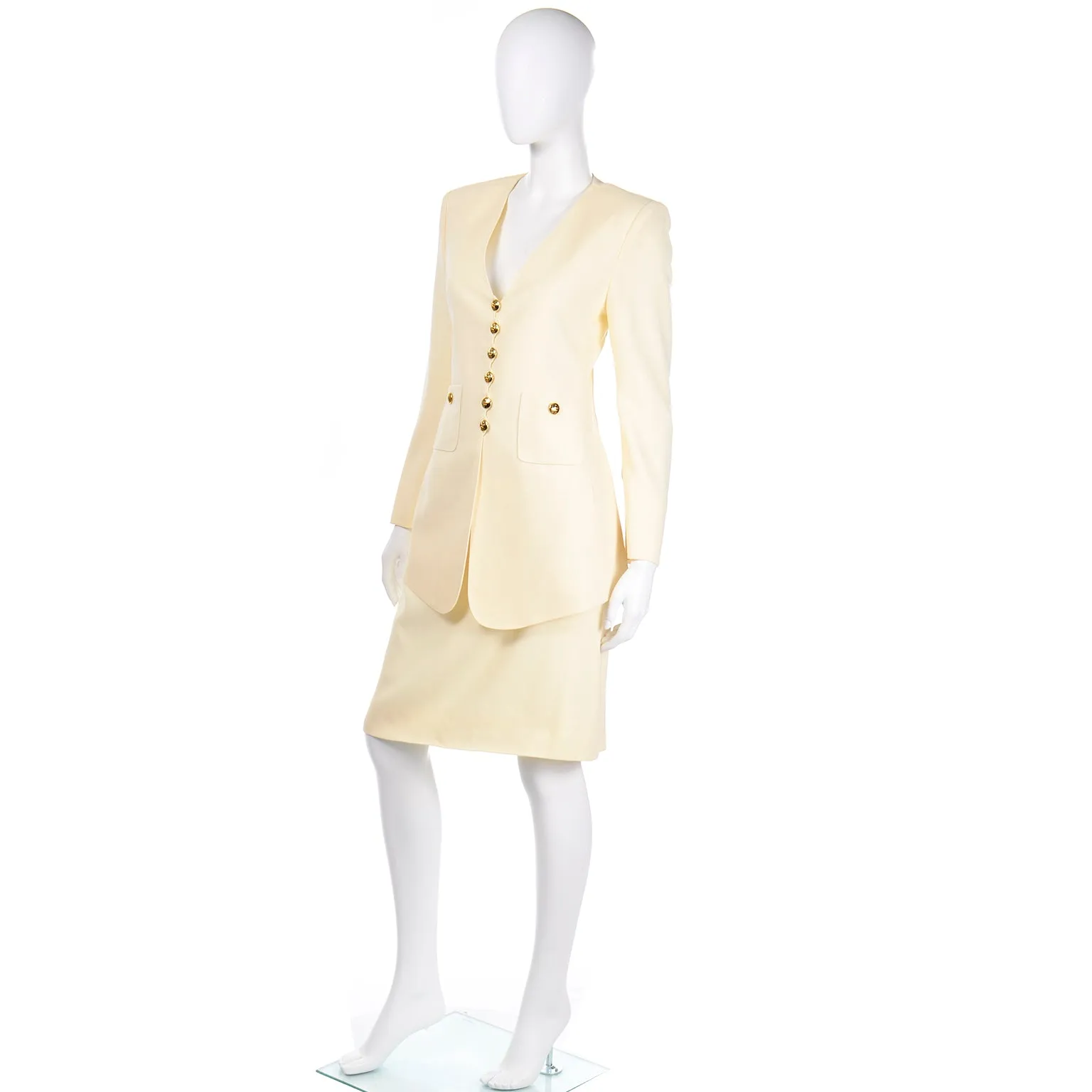 1990s Sonia Rykiel Cream Wool Skirt & Long Line Blazer Jacket Suit