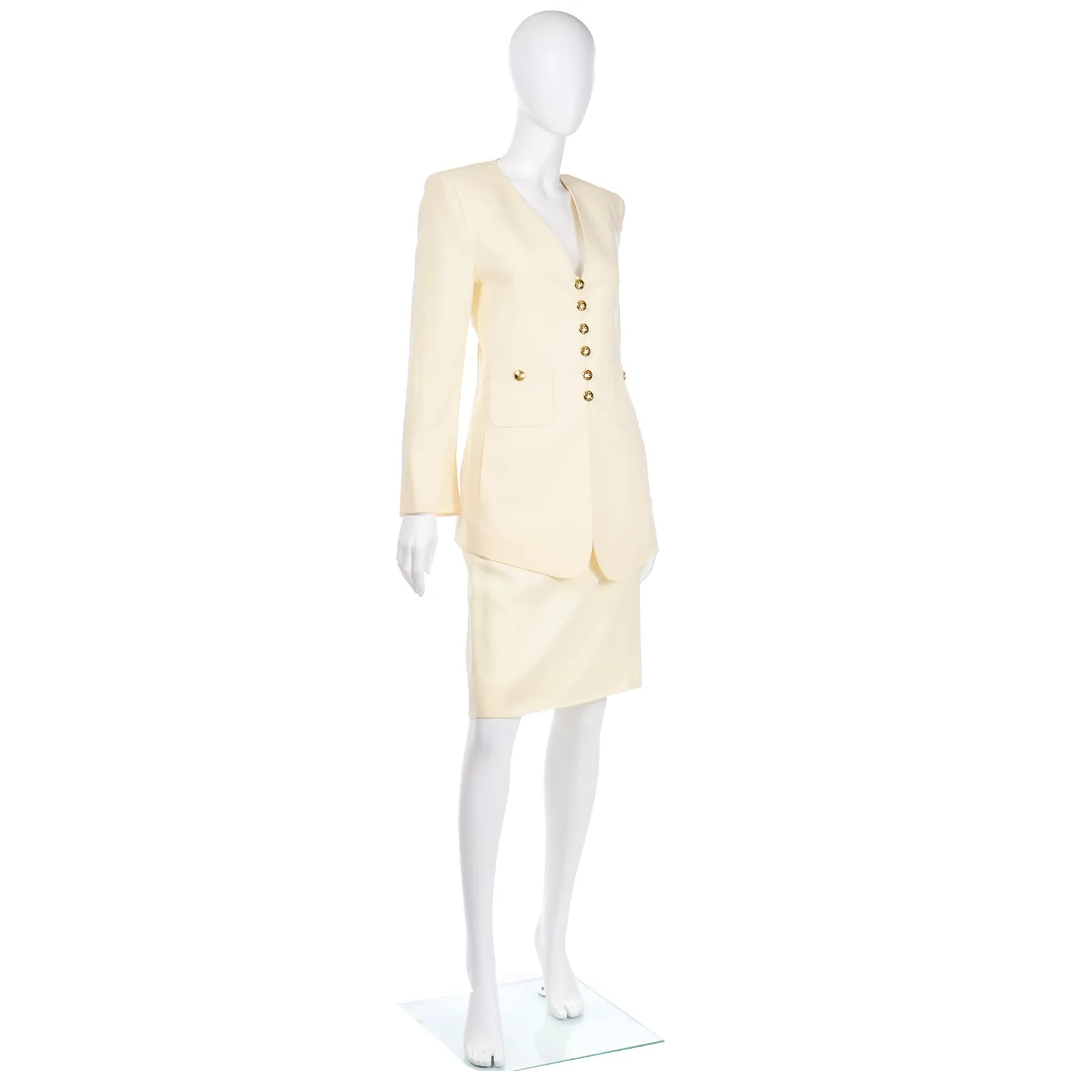 1990s Sonia Rykiel Cream Wool Skirt & Long Line Blazer Jacket Suit