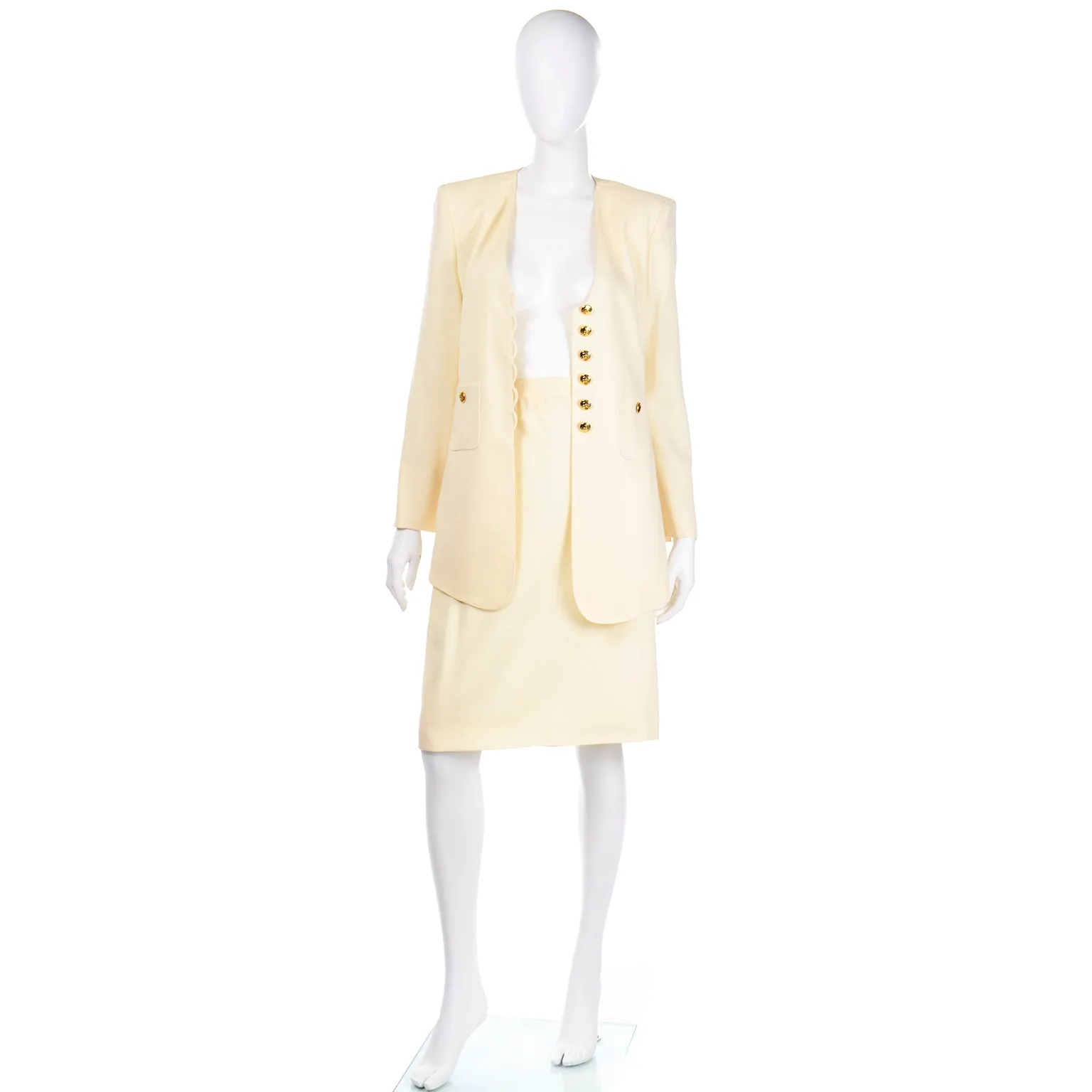 1990s Sonia Rykiel Cream Wool Skirt & Long Line Blazer Jacket Suit