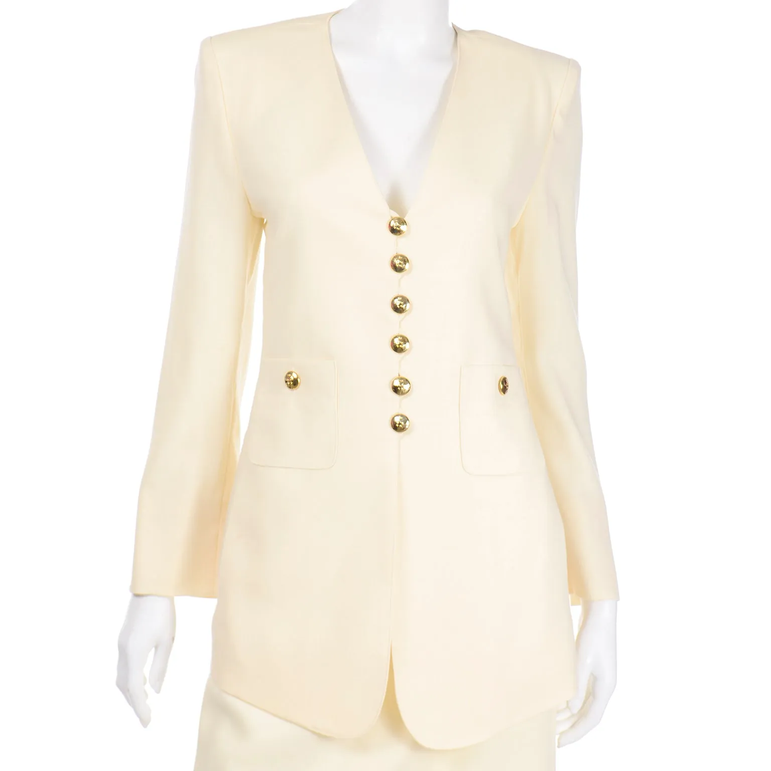 1990s Sonia Rykiel Cream Wool Skirt & Long Line Blazer Jacket Suit