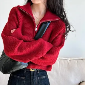 Aiertu Autumn Winter Zipper Sweaters Women Solid Color High Neck Knitted Pullover Solid Red Loose Turndown Collar Women's Turtleneck