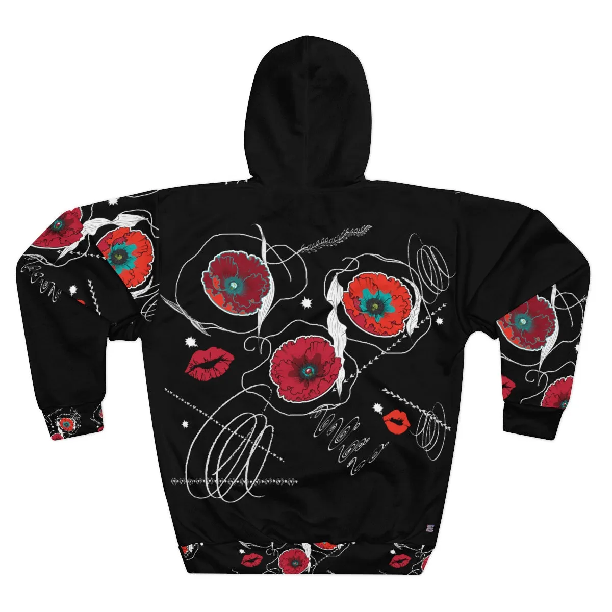 AOP Unisex Pullover Hoodie RUBY FLOWERS DOODLES ON BLACK