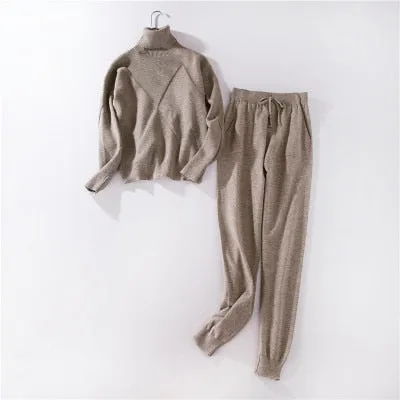 Autumn winter Knitted tracksuit Turtleneck sweatshirts Casual Suit Women clothing 2 Piece set Knit pant Sporting suit Female