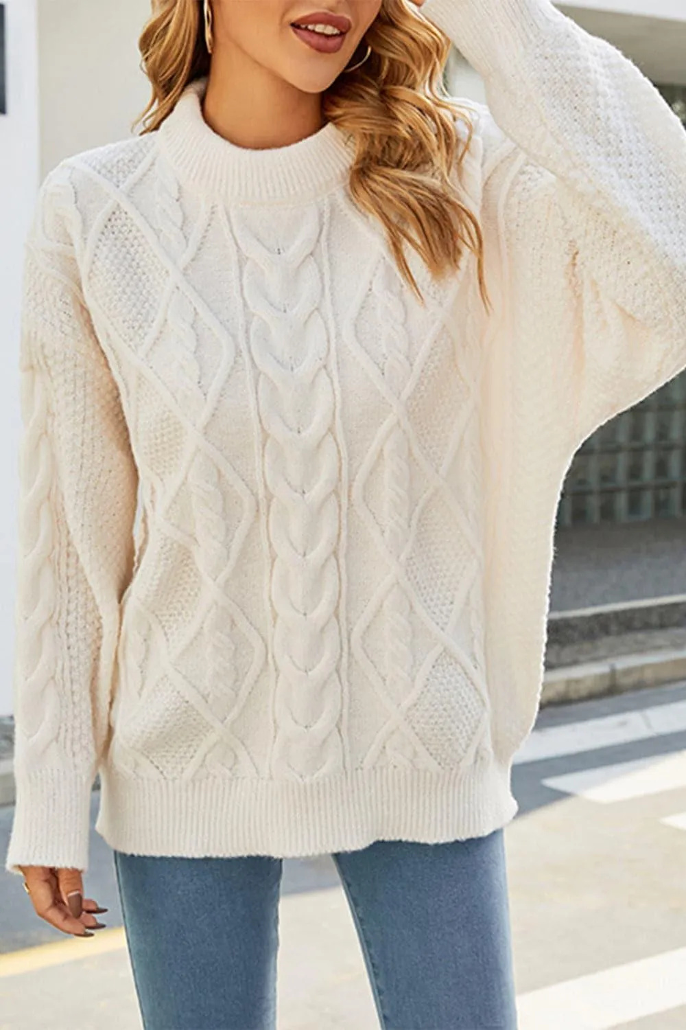 Ava Cable-Knit Round Neck Long Sleeve Sweater