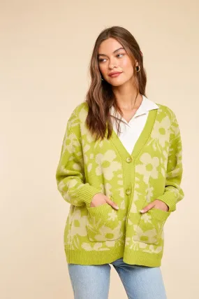 Avocado Daisy Print Knitted Cardigan