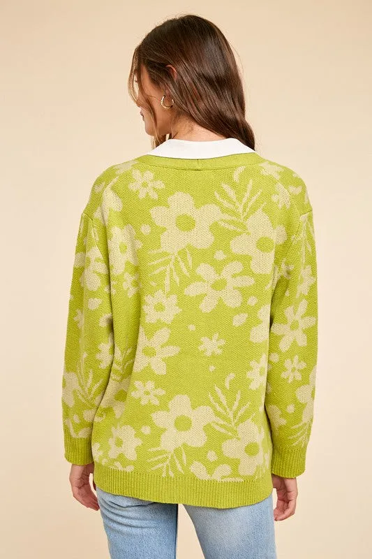 Avocado Daisy Print Knitted Cardigan