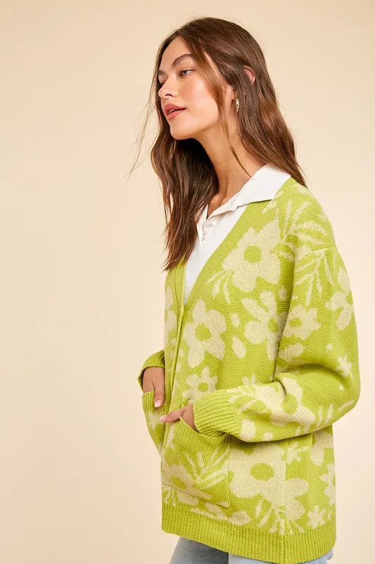 Avocado Daisy Print Knitted Cardigan