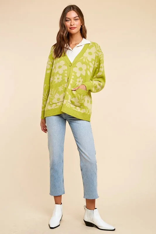 Avocado Daisy Print Knitted Cardigan