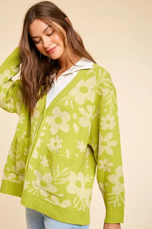 Avocado Daisy Print Knitted Cardigan