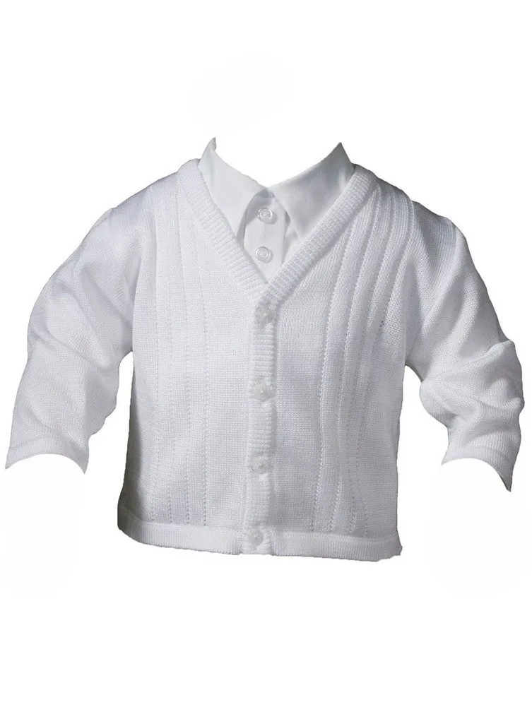 Baby Boys White Cotton Satin Acrylic Special Occasion Sweater 0-24M