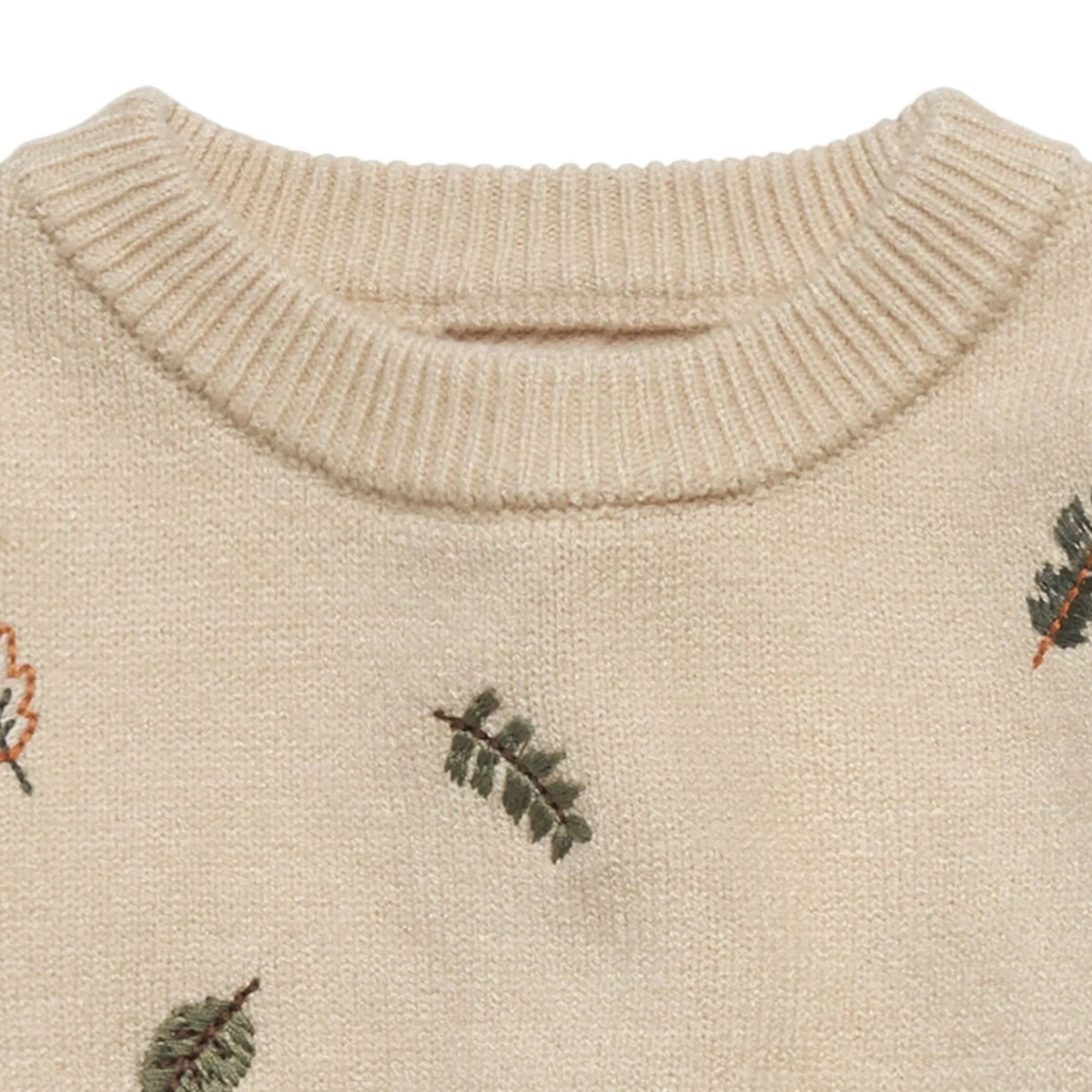 Baby Neutral Light Beige Embroidered Leaves Sweater