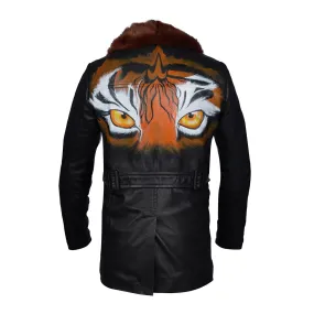 Backside Hand Painted Tiger Eyes With Super Soft Classic Fur Collar Black Leather Coat For Men By Brun & Bareskin