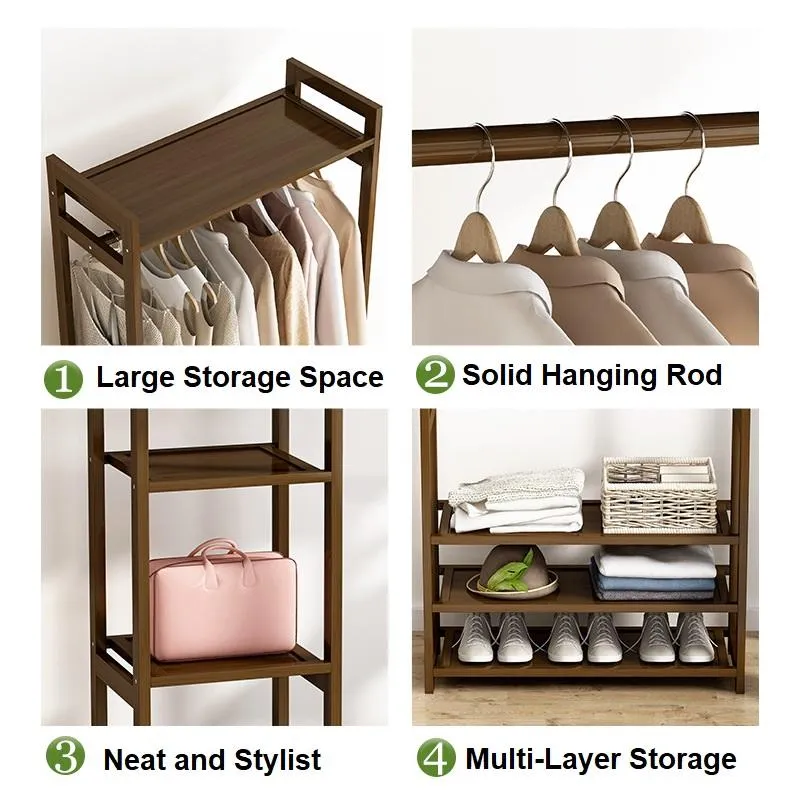 Bamboo Clothes Rack Garment Closet Storage Organizer Hanging Rail Shelf Dress room