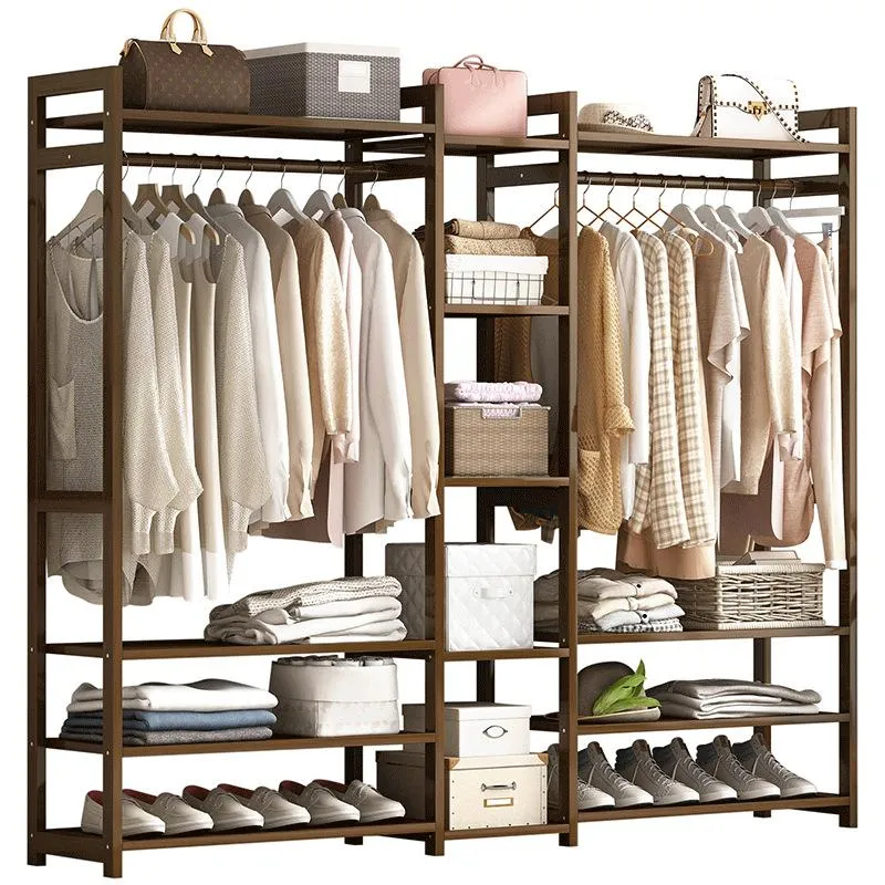 Bamboo Clothes Rack Garment Closet Storage Organizer Hanging Rail Shelf Dress room