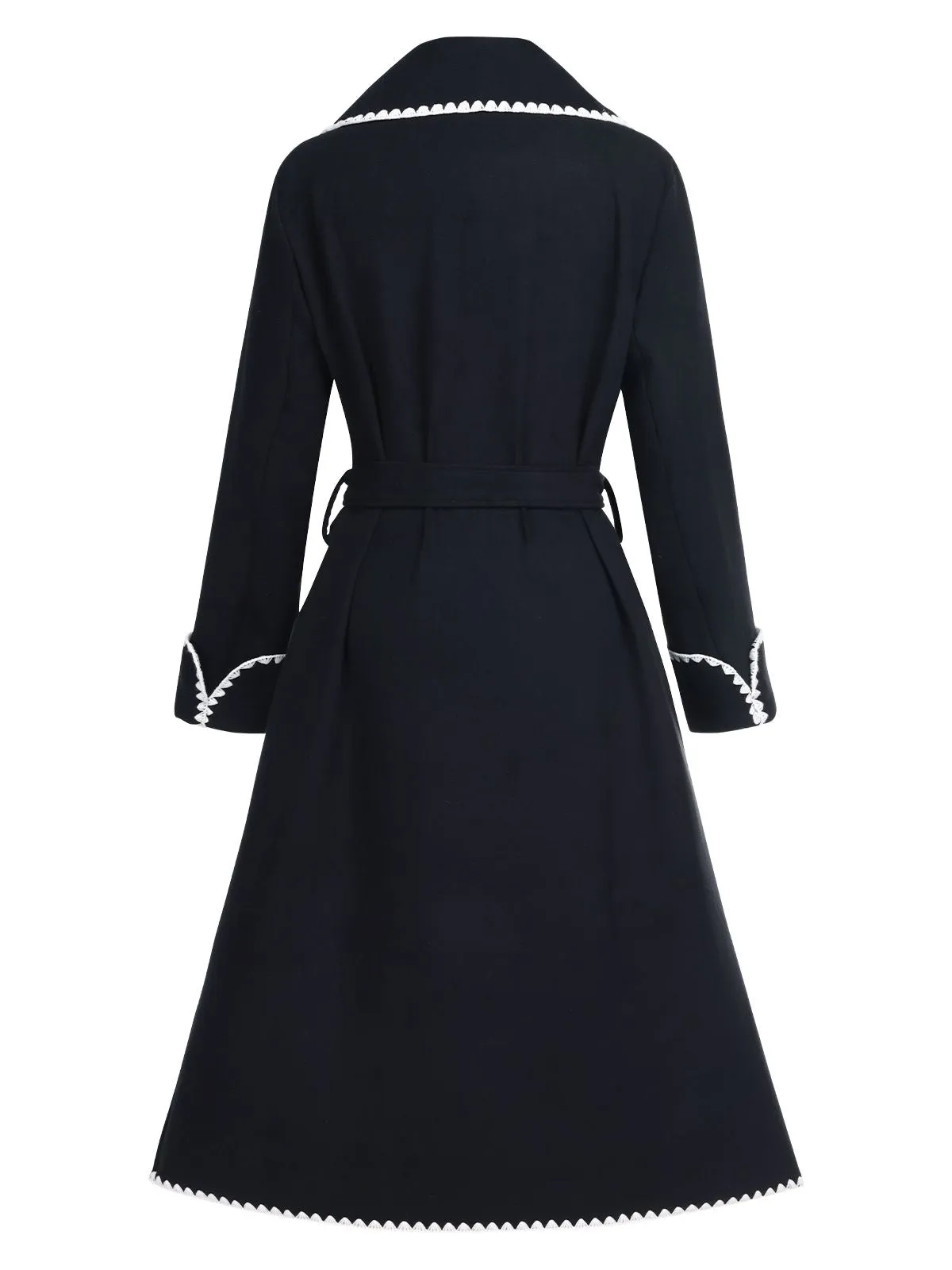 Black 1940s Embroidered Lapel Pocket Belted Coat