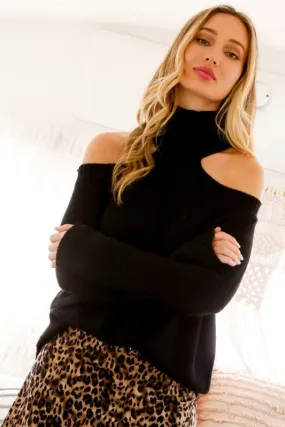 Black Cold Shoulder Fashionable Sweater Knit Top