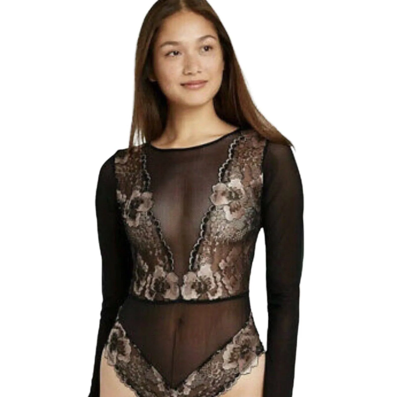 Black Lace Rose Gold Long Sleeve Teddy Bodysuit Size XS