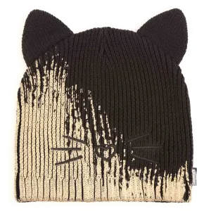 Black Metallic Knit Banie with Cat Ears