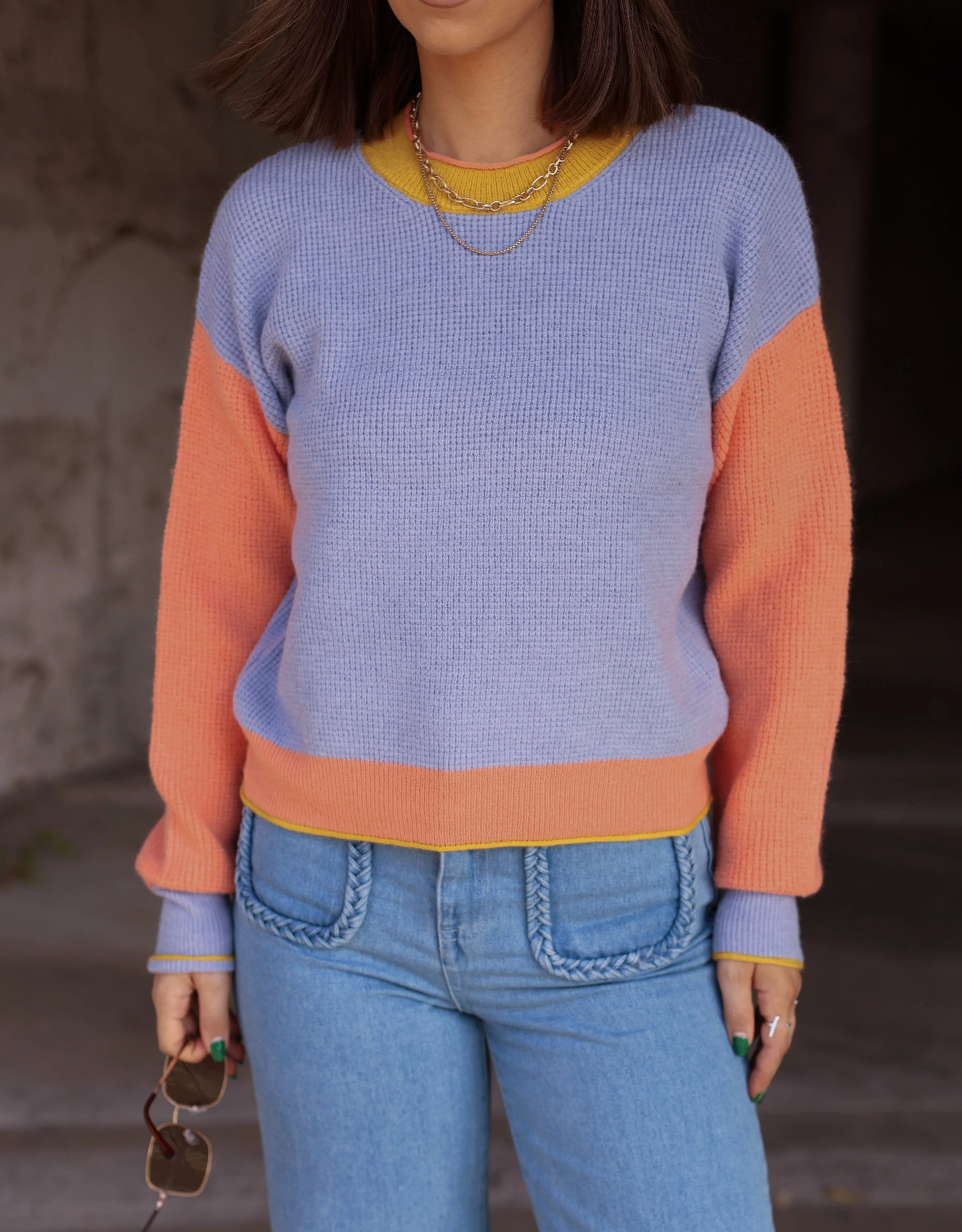 Blue Color Block Knit Sweater