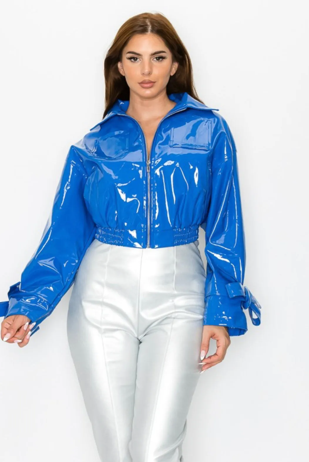 Blue Patent Leather Crop Jacket