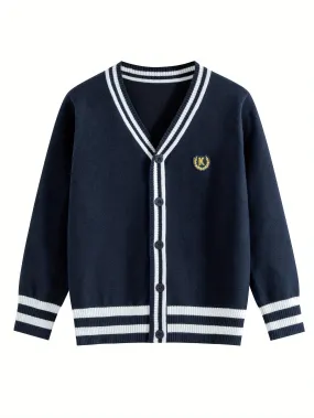 Boy's Badge Decor Stripes Pattern Knit Cardigan For Autumn And Spring - Preppy Style Long Sleeve Knitted 80% Cotton Sweater Coat As Gift