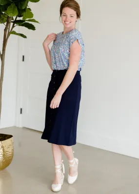 Button Detail Navy Midi Skirt - FINAL SALE