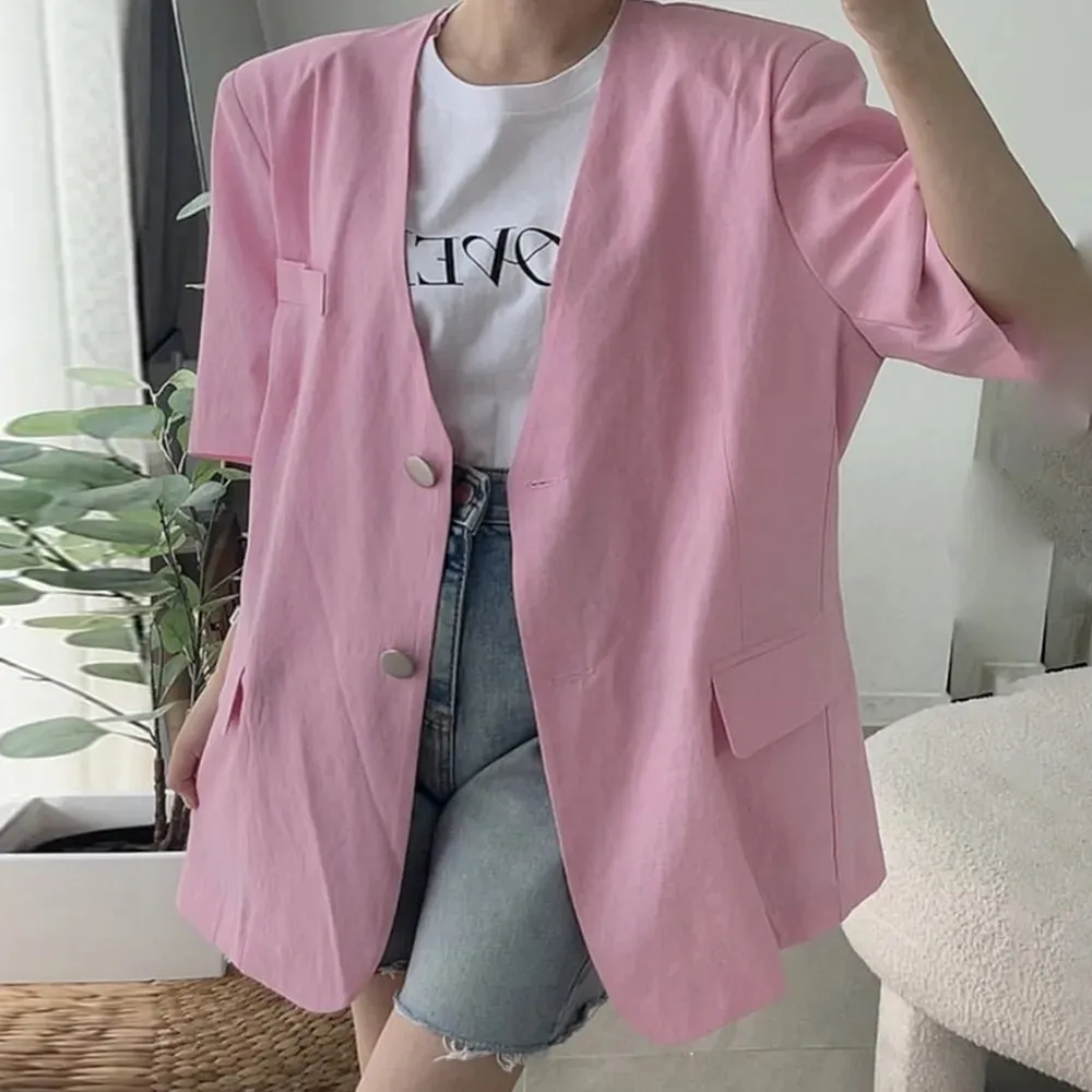 Casual Solid Blazer For Women V Neck Half Sleeve Spliced Button Loose Elegant Basics Blazers Female Fashion Clothes