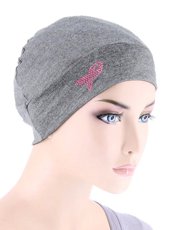 CE-CHEMOCAP-PR-HEATHERGRAY#Chemo Cap Pink Ribbon Rhinestone in Heather Gray