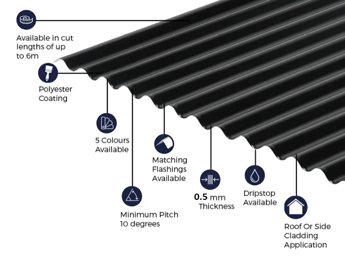 Cladco 13/3 Corrugated 0.5mm Thick Polyester Paint Coated Roof Sheet - Black