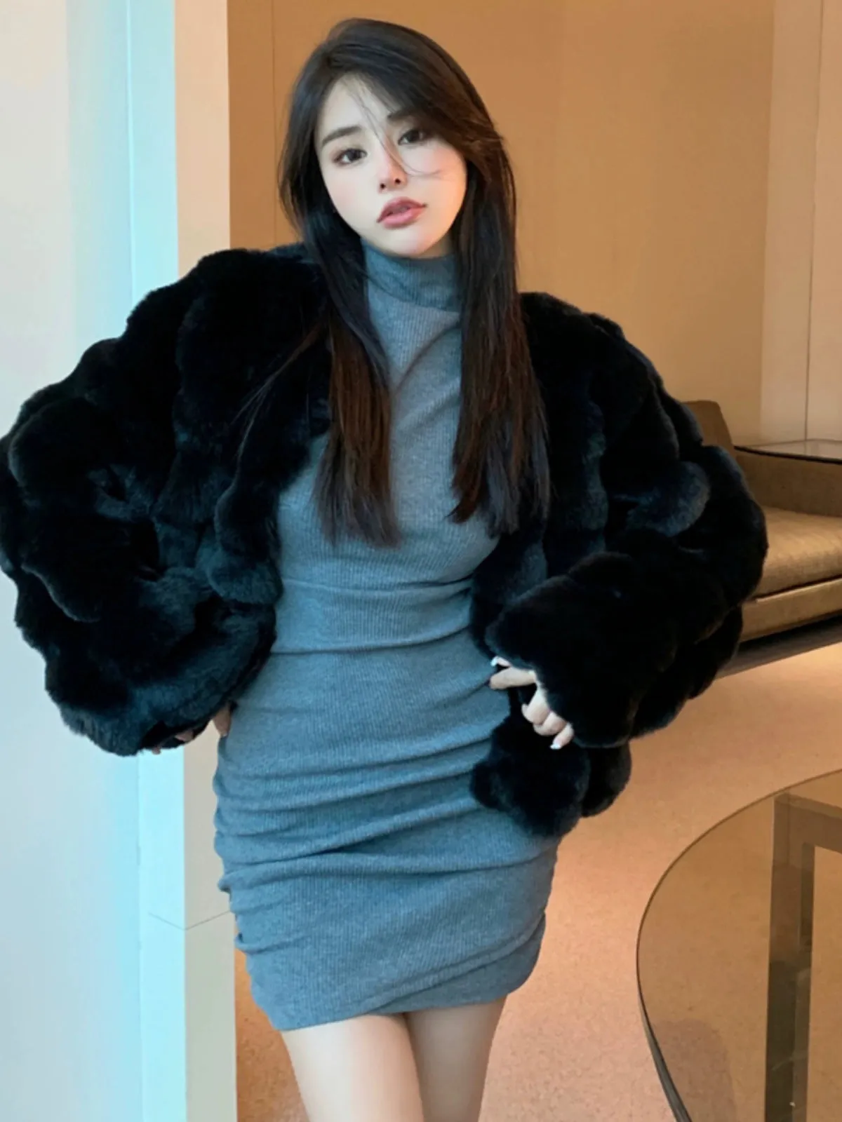 Coat for Women Rex Rabbit Fur Short Chic Imitated Mink Fur