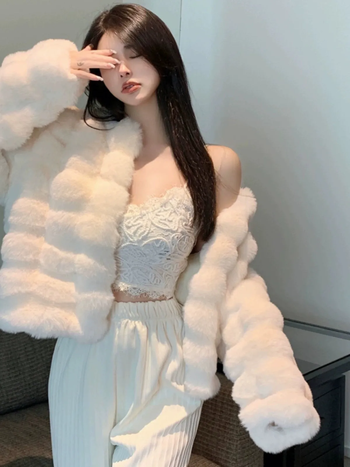 Coat for Women Rex Rabbit Fur Short Chic Imitated Mink Fur