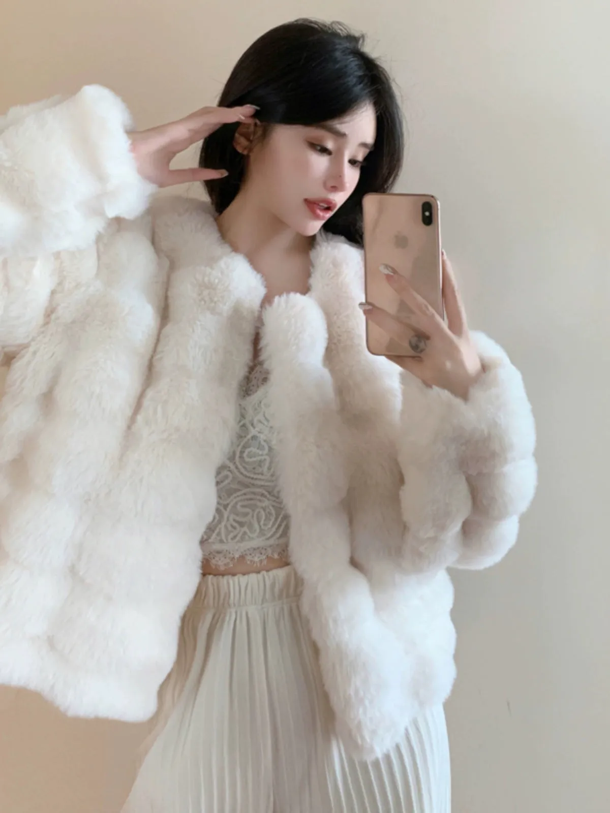 Coat for Women Rex Rabbit Fur Short Chic Imitated Mink Fur