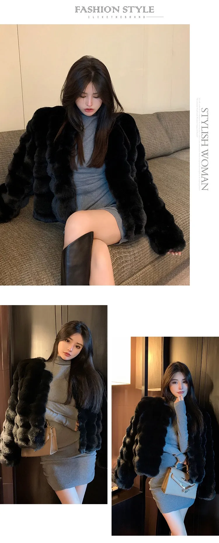 Coat for Women Rex Rabbit Fur Short Chic Imitated Mink Fur