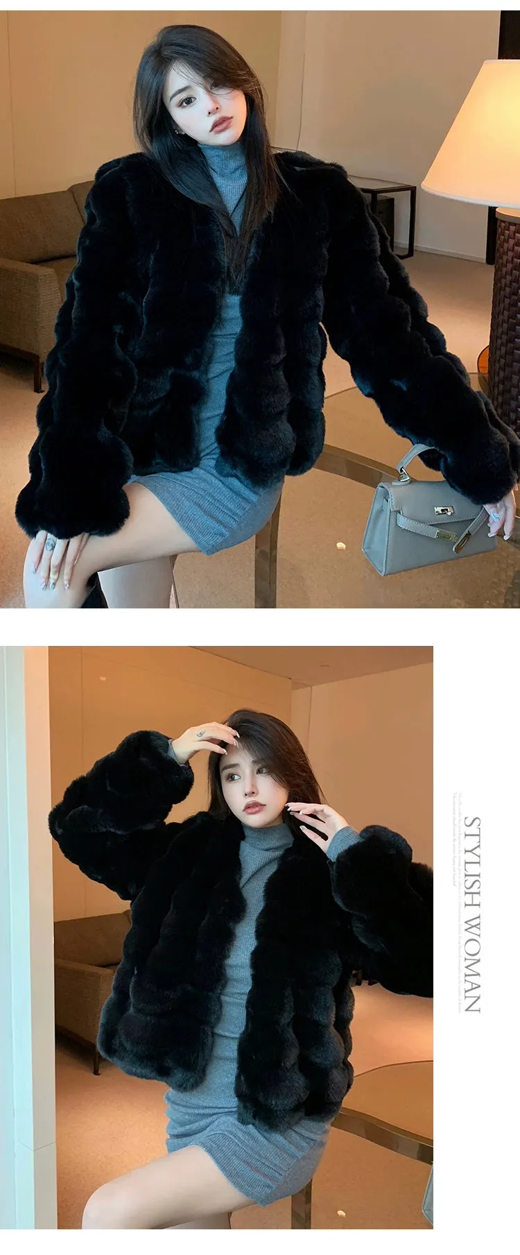 Coat for Women Rex Rabbit Fur Short Chic Imitated Mink Fur