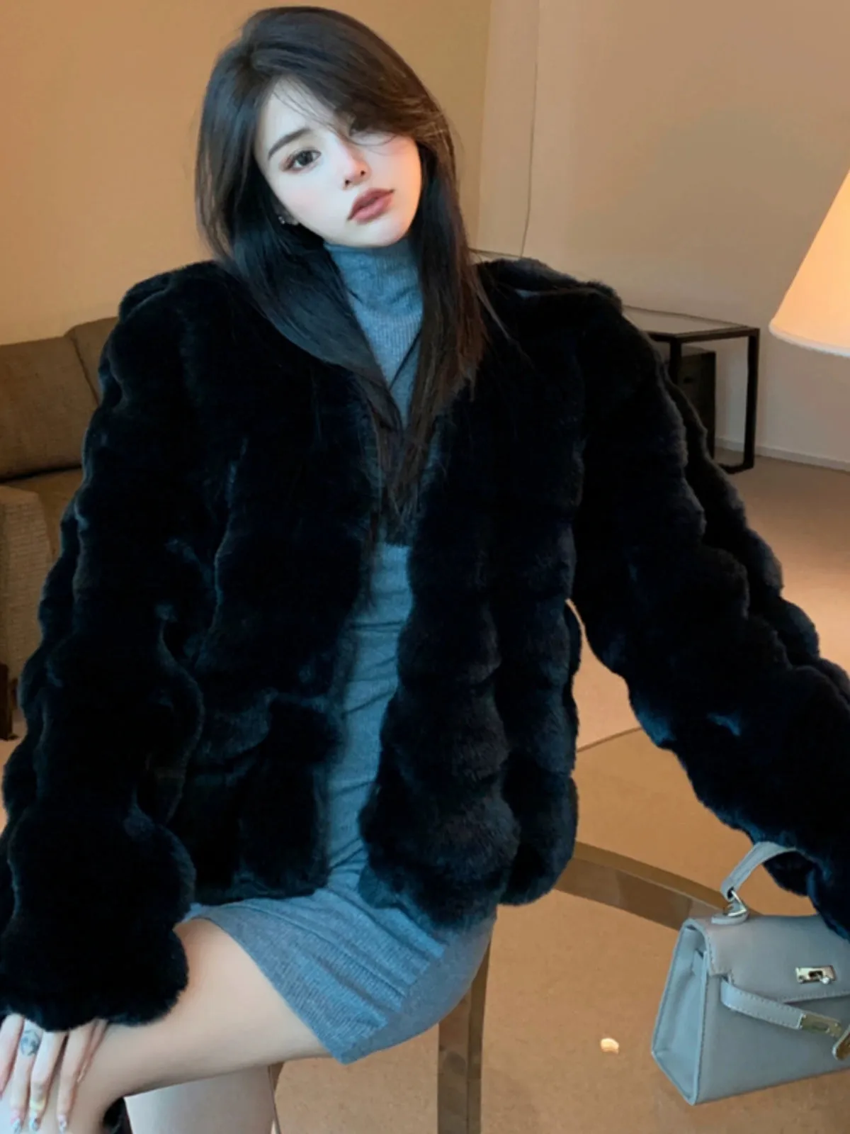 Coat for Women Rex Rabbit Fur Short Chic Imitated Mink Fur