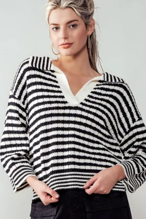 Collar Striped Knit Top