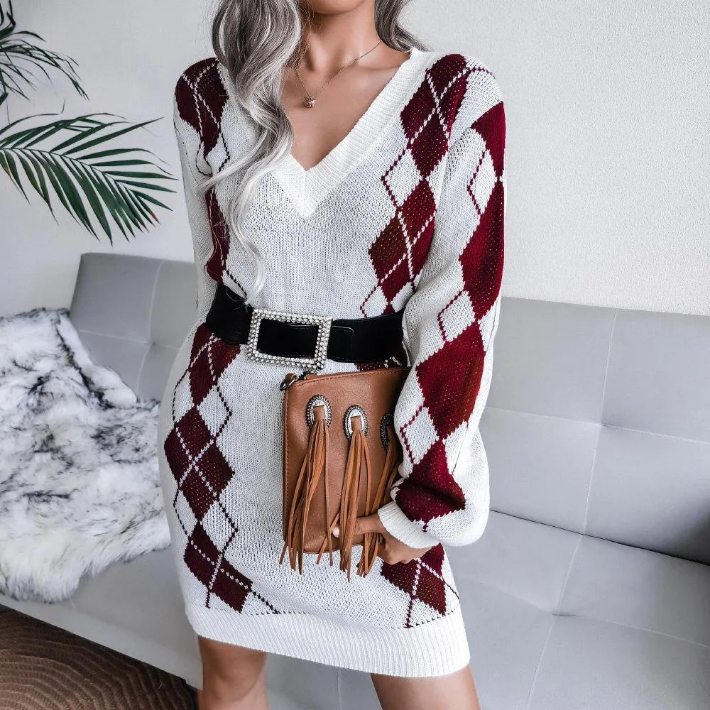 College style diamond sweater dress knitted dress