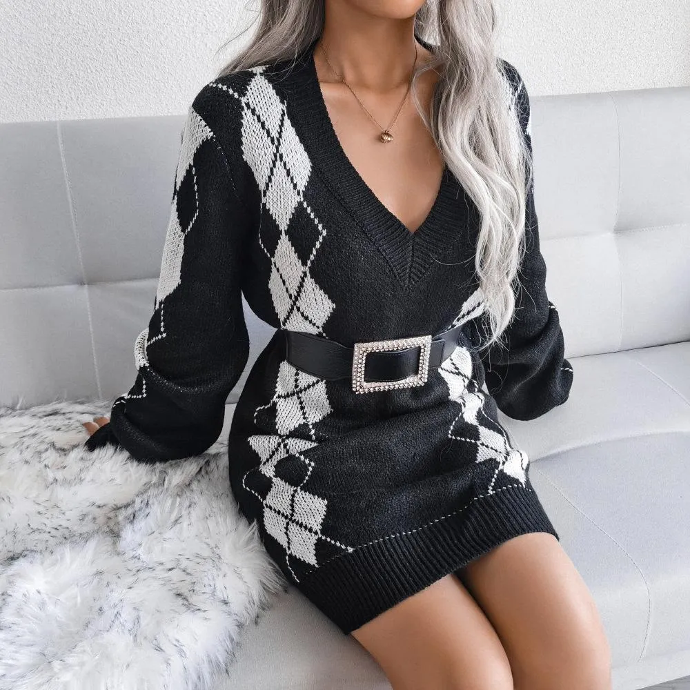 College style diamond sweater dress knitted dress