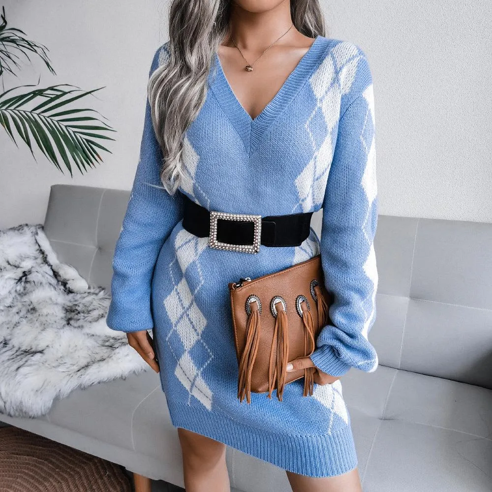 College style diamond sweater dress knitted dress