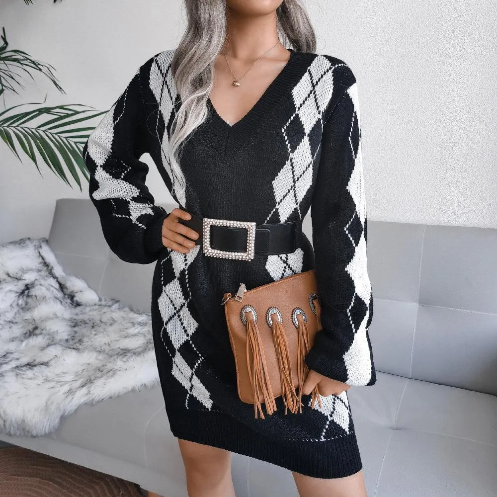 College style diamond sweater dress knitted dress