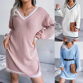 College style V-neck sweater dress knitted dress