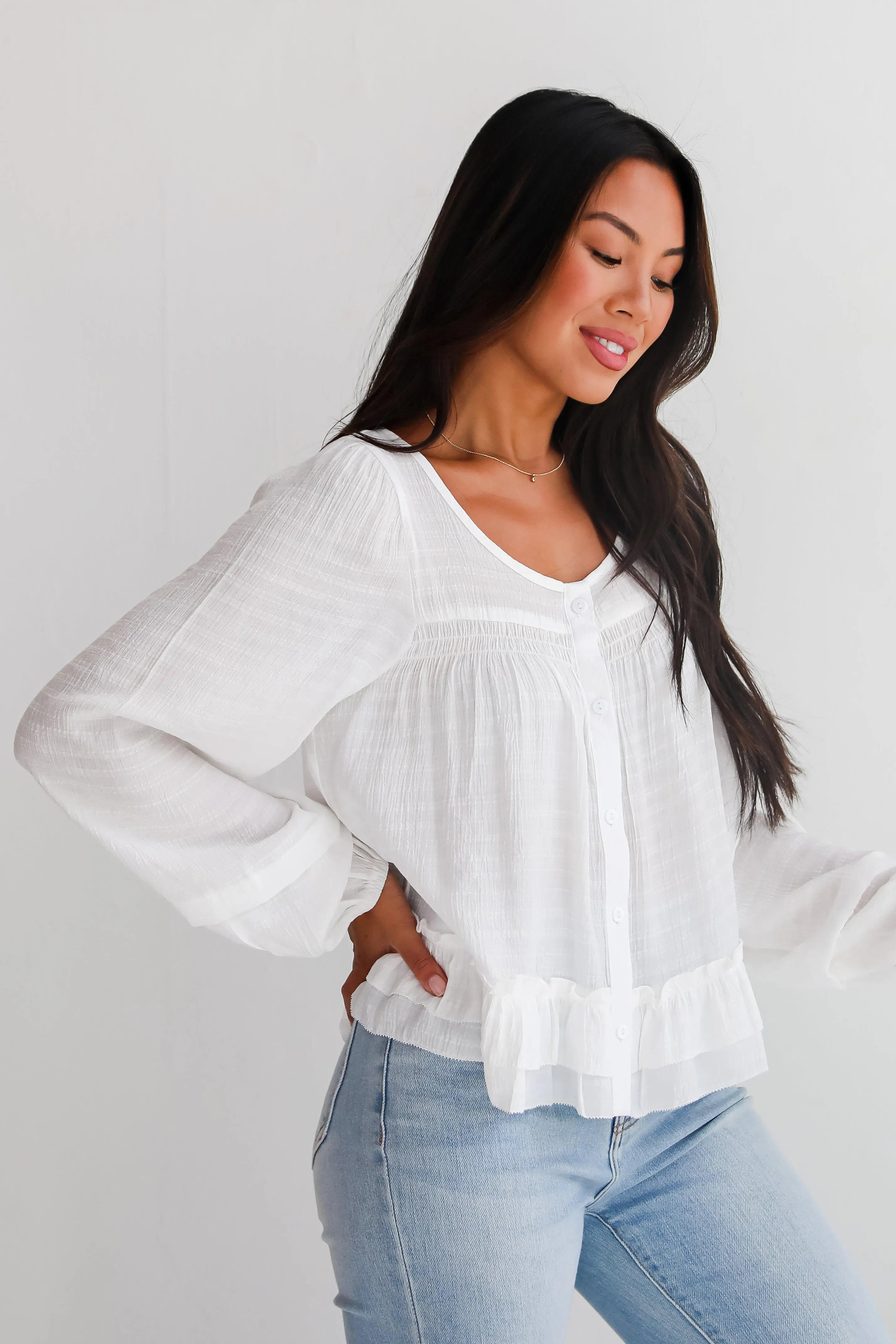 Composed Personality White Ruffle Blouse