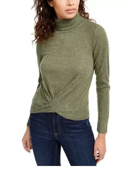 Crave Fame Juniors' Cozy Twist-Front Turtleneck Top Green Size Medium