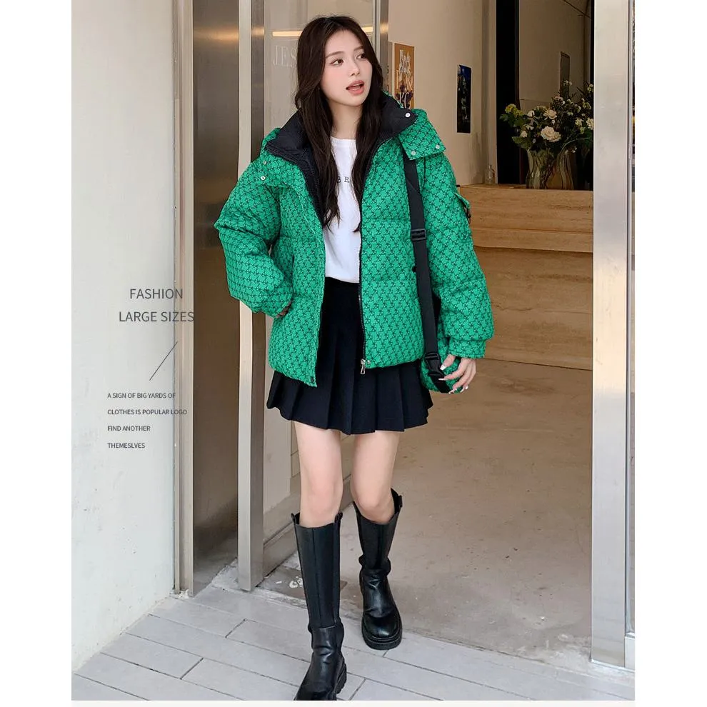 Cropped Thickened Houndstooth Puffer Jacket