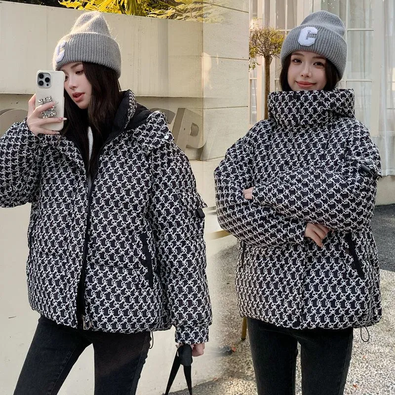 Cropped Thickened Houndstooth Puffer Jacket