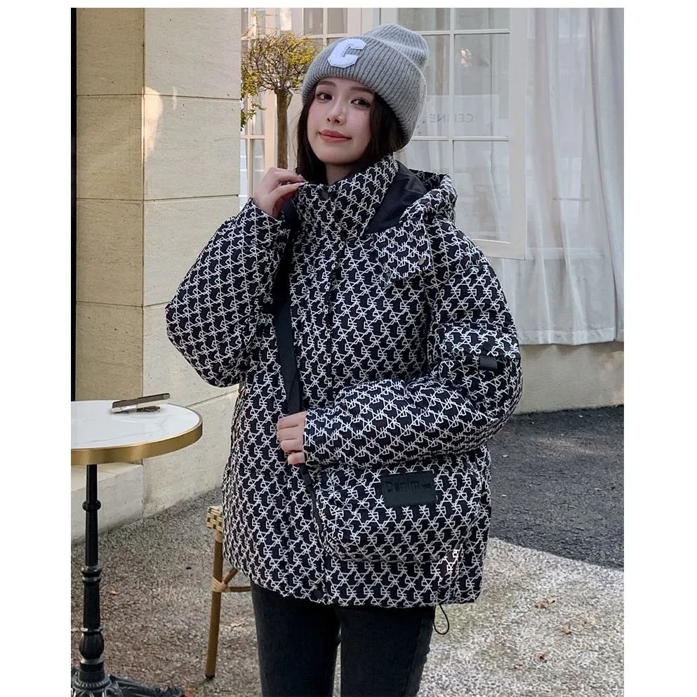 Cropped Thickened Houndstooth Puffer Jacket