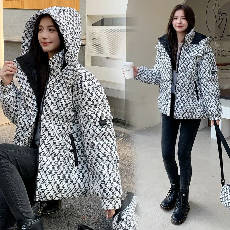 Cropped Thickened Houndstooth Puffer Jacket