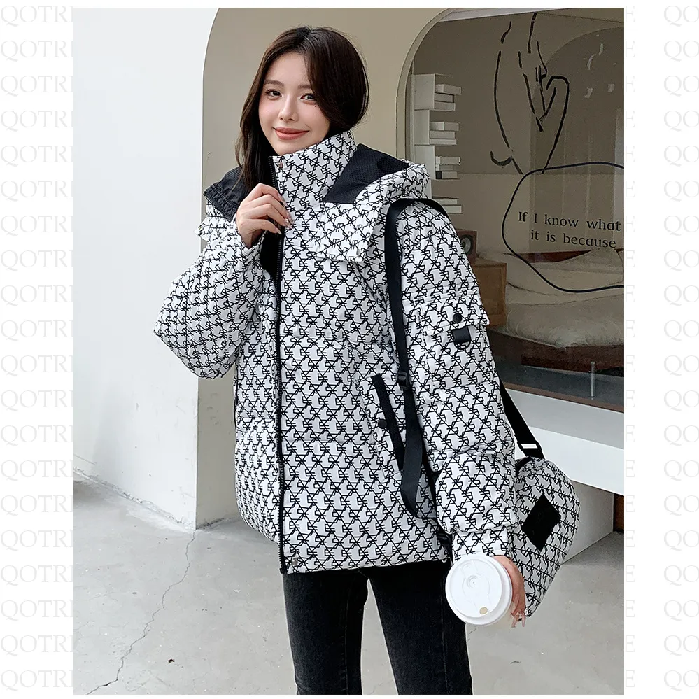 Cropped Thickened Houndstooth Puffer Jacket