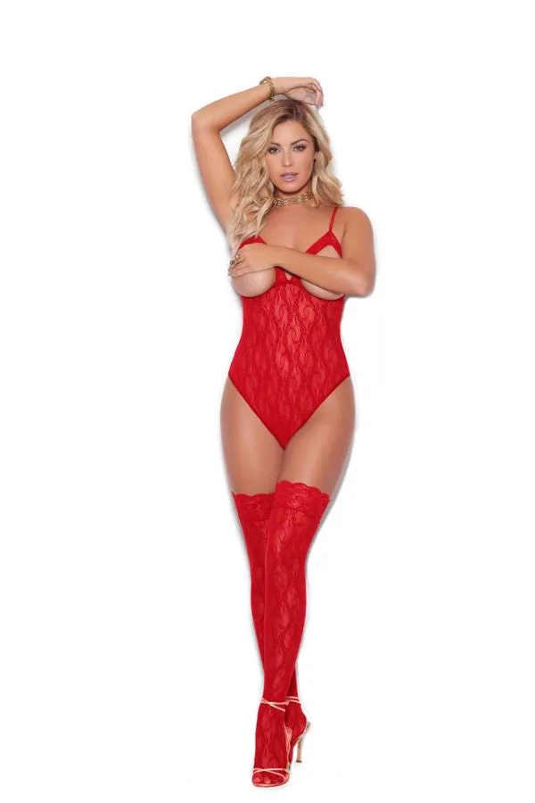 CUPLESS STRETCH LACE TEDDY W/ THIGH HI'S RED O/S